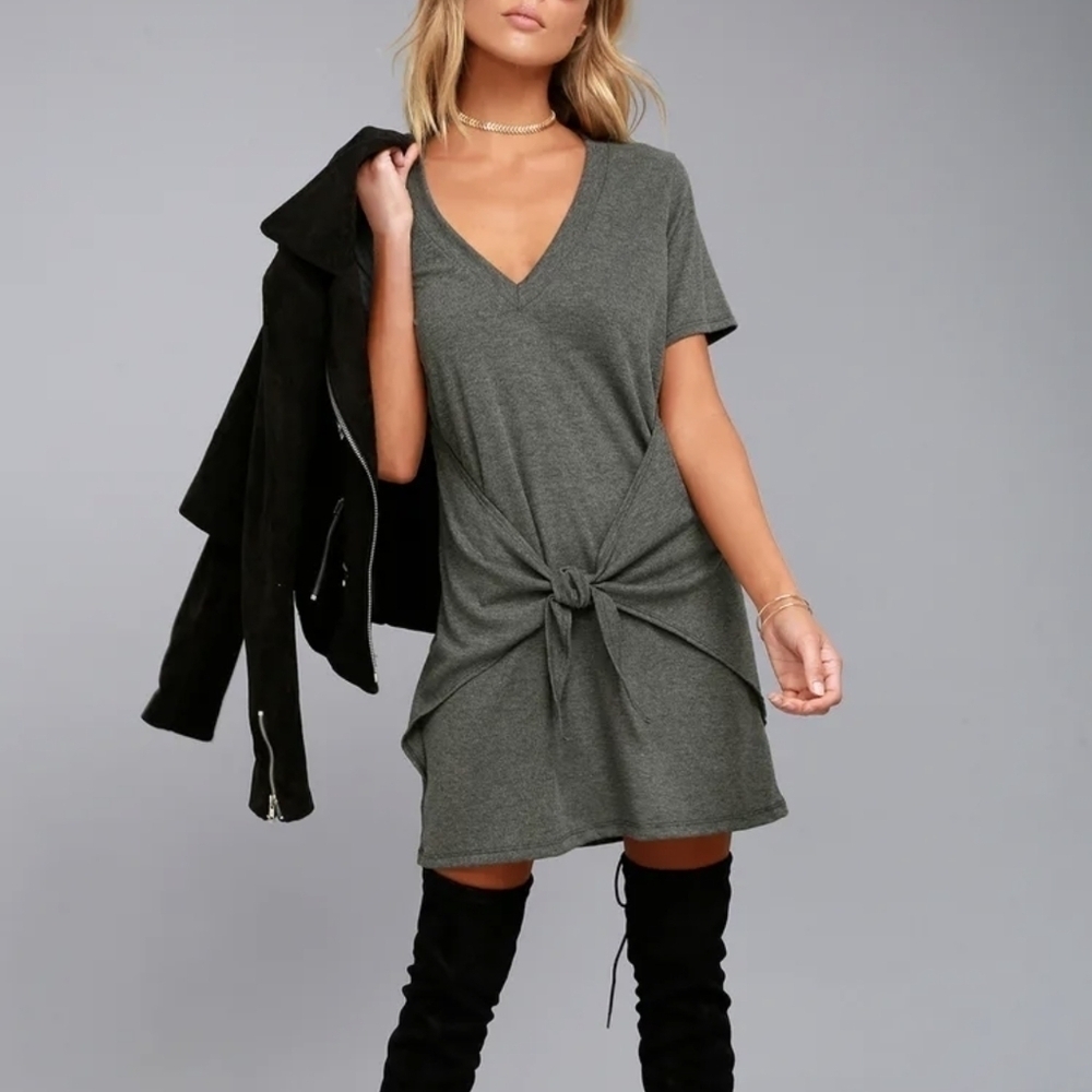 Lulus Live In Love Ribbed Knit V-neck Tie Knot Front Mini T-shirt Dress Gray M - Picture 13 of 13